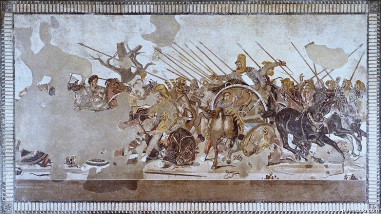 La Batalla de Isso. Mosaico romano del s. I d.C. procedente de Pompeya. Museo Arqueológico Nacional (Nápoles, Italia). Escena de la lucha entre Alejandro Magno de Macedonia (a la izquierda) y el rey de Persia, Darío III.